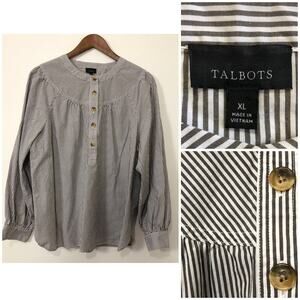 Talbots Striped 1/2 Button Cotton Blouse Women XL Gray White Coastal Minimalist